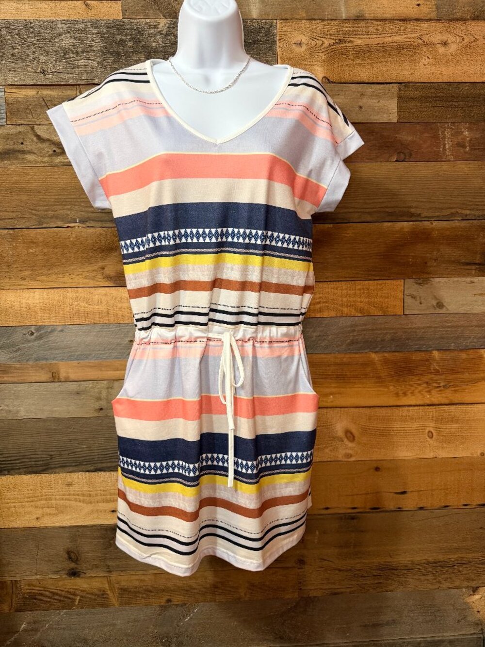 Stiped Cinch Waist Mini Dress Small Colorful Short Sleeve Chic Vacation